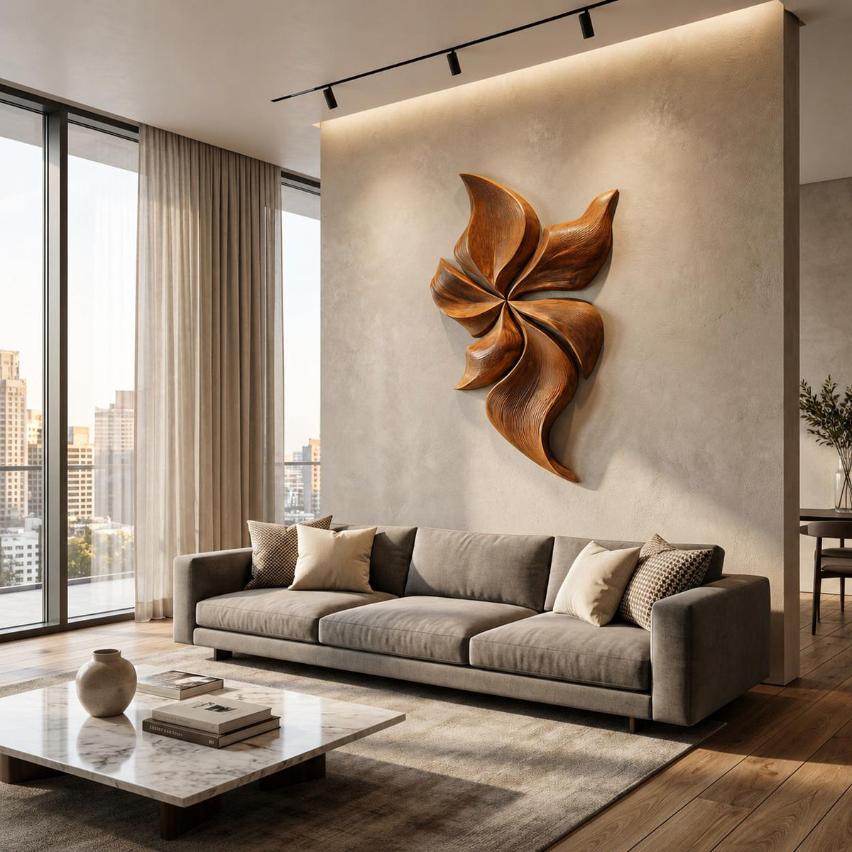 Modern Wooden Wall Art, Floral Inspired Hand-Carved 3D Botanical Wood Wall Sculpture for Living Room Decor