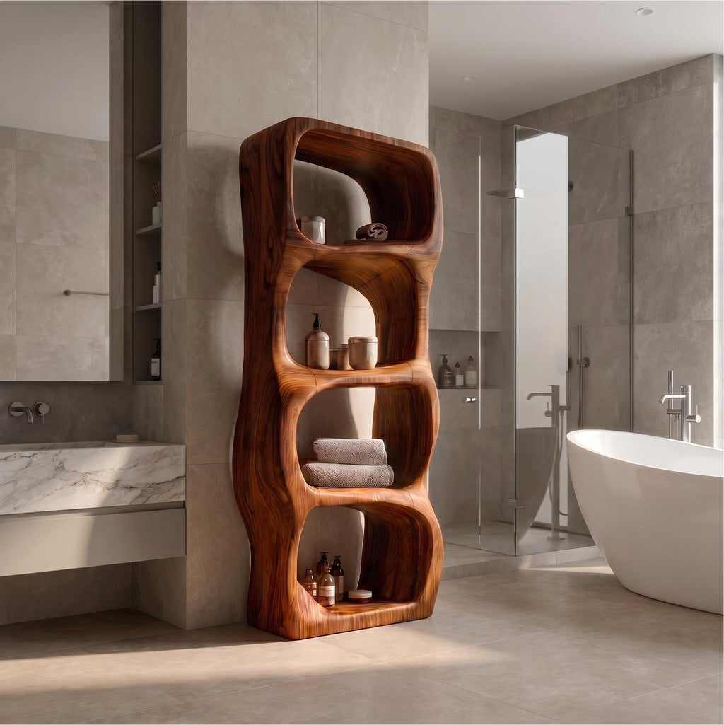 Modern Organic Bathroom Cabinet, Rounded Sculptural Shelves & Open Storage Standing Wood Cabinet