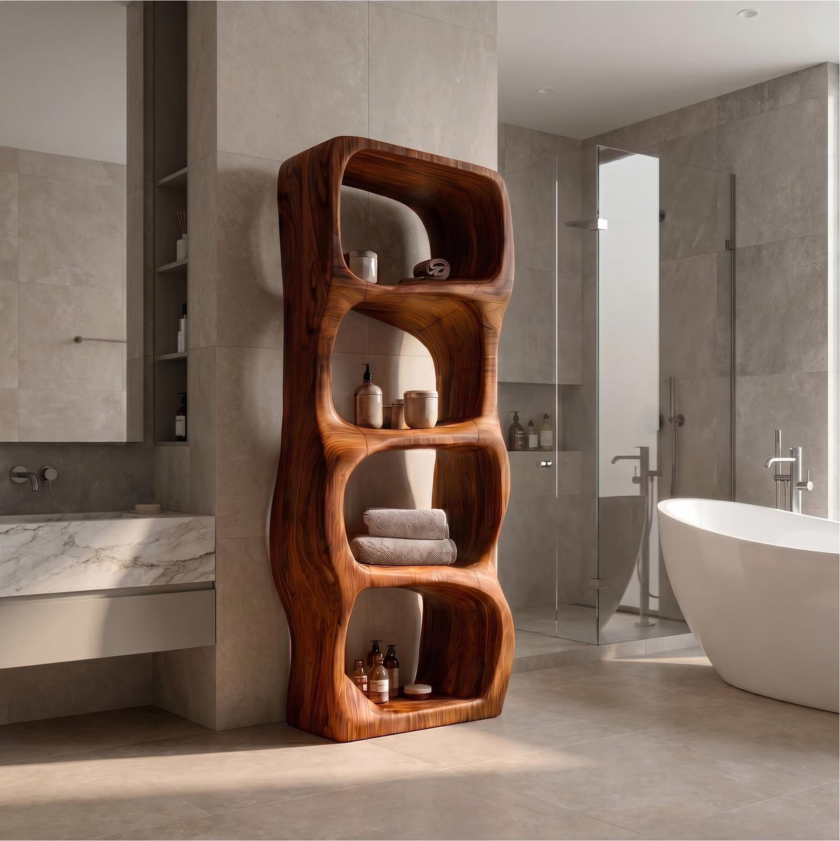 Modern Organic Bathroom Cabinet, Rounded Sculptural Shelves & Open Storage Standing Wood Cabinet