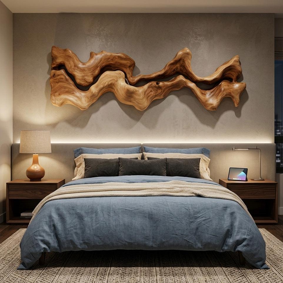 Abstract Hand-Carved Wall Art Sculpture, Modernist 3D Geometric Wooden Panel Decor for Bedroom Living Room