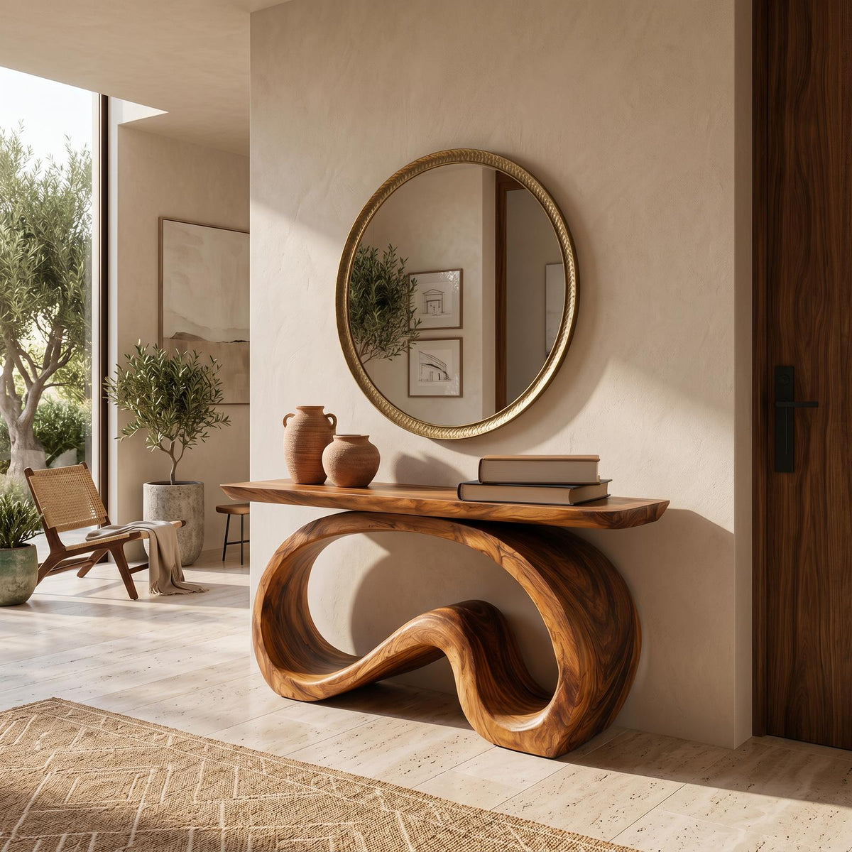 Artistic Wooden Console Table with Flowing Wood Base, Handcrafted Entryway Table for Living Room & Hallway, Model