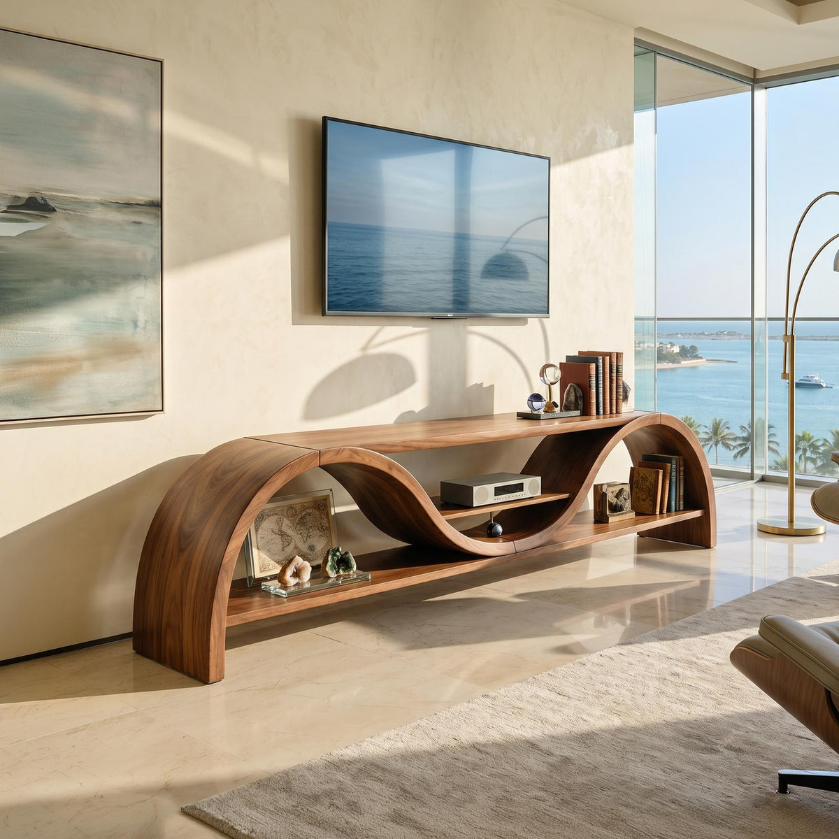 Contemporary Organic TV Stand, Handcrafted Wood Media Console Cabinet for Living Room