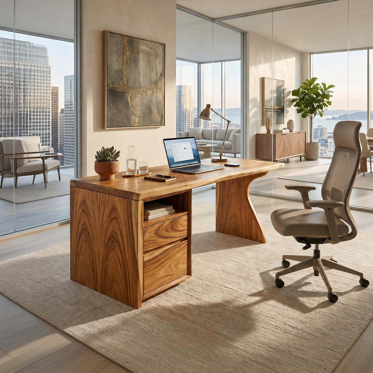 Contemporary Laptop Desk with Side Storage, Compact Wooden Writing Desk for Apartment Home Office