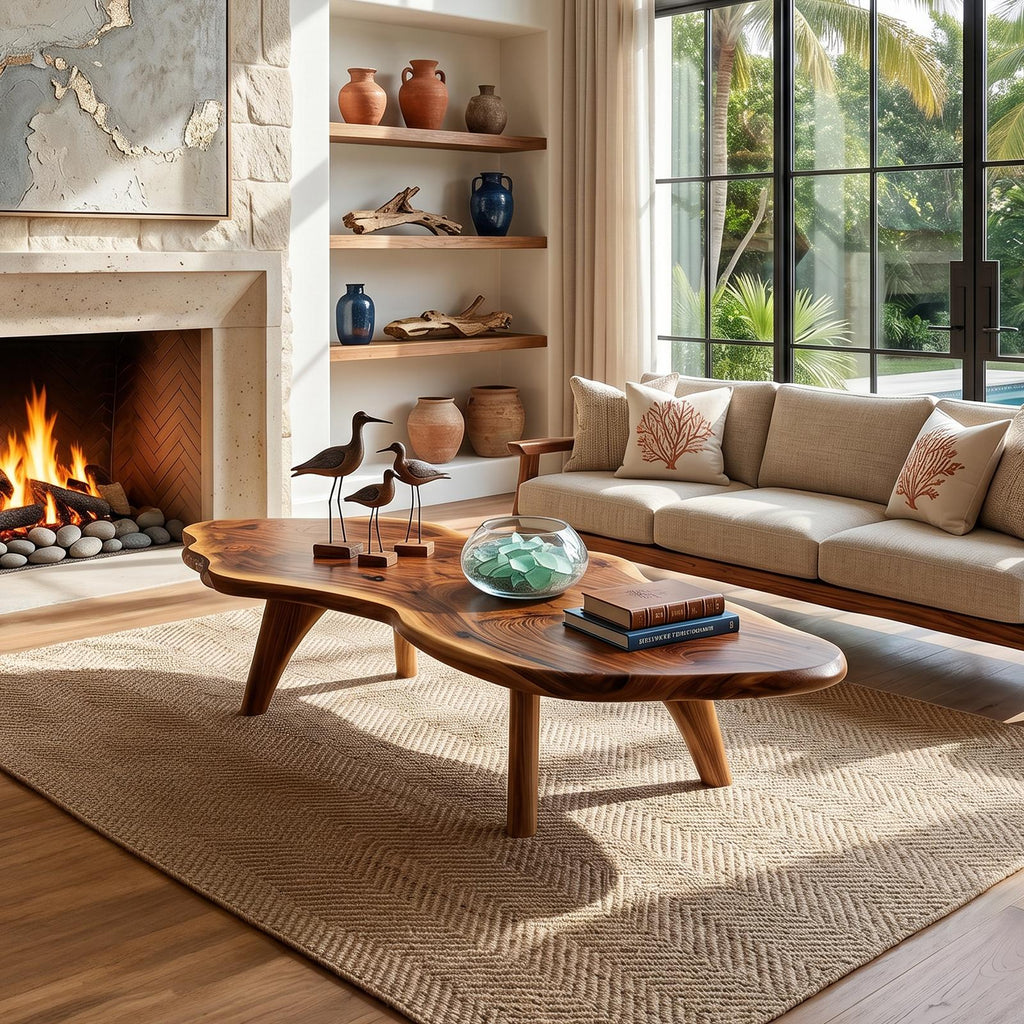 Mid Century Modern Live Edge Coffee Table, Handcrafted Natural Wood Slab Center Table with Metal Legs