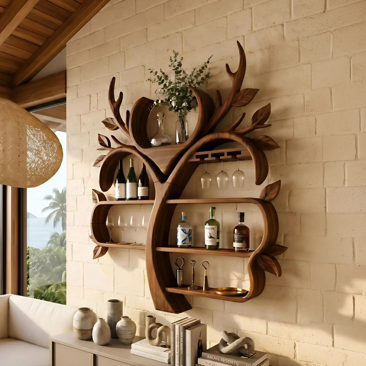 Resort Style Tree Inspired Wine Bar Shelf For Living Room
