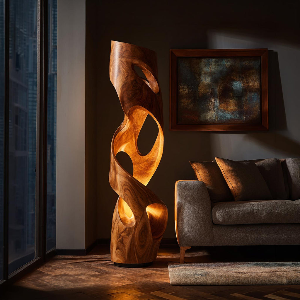 Organic Accent Table Lamp, Natural Wood Decorative Light for Kitchen, Dining & Living Room
