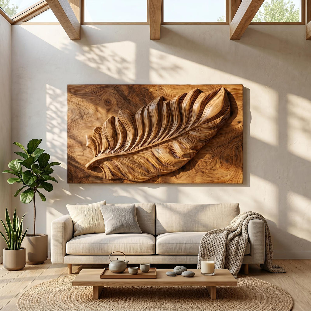 Nature Wooden Wall Art with Carved Leaf Design, Decorative Foliage Wall Panel for Living Room