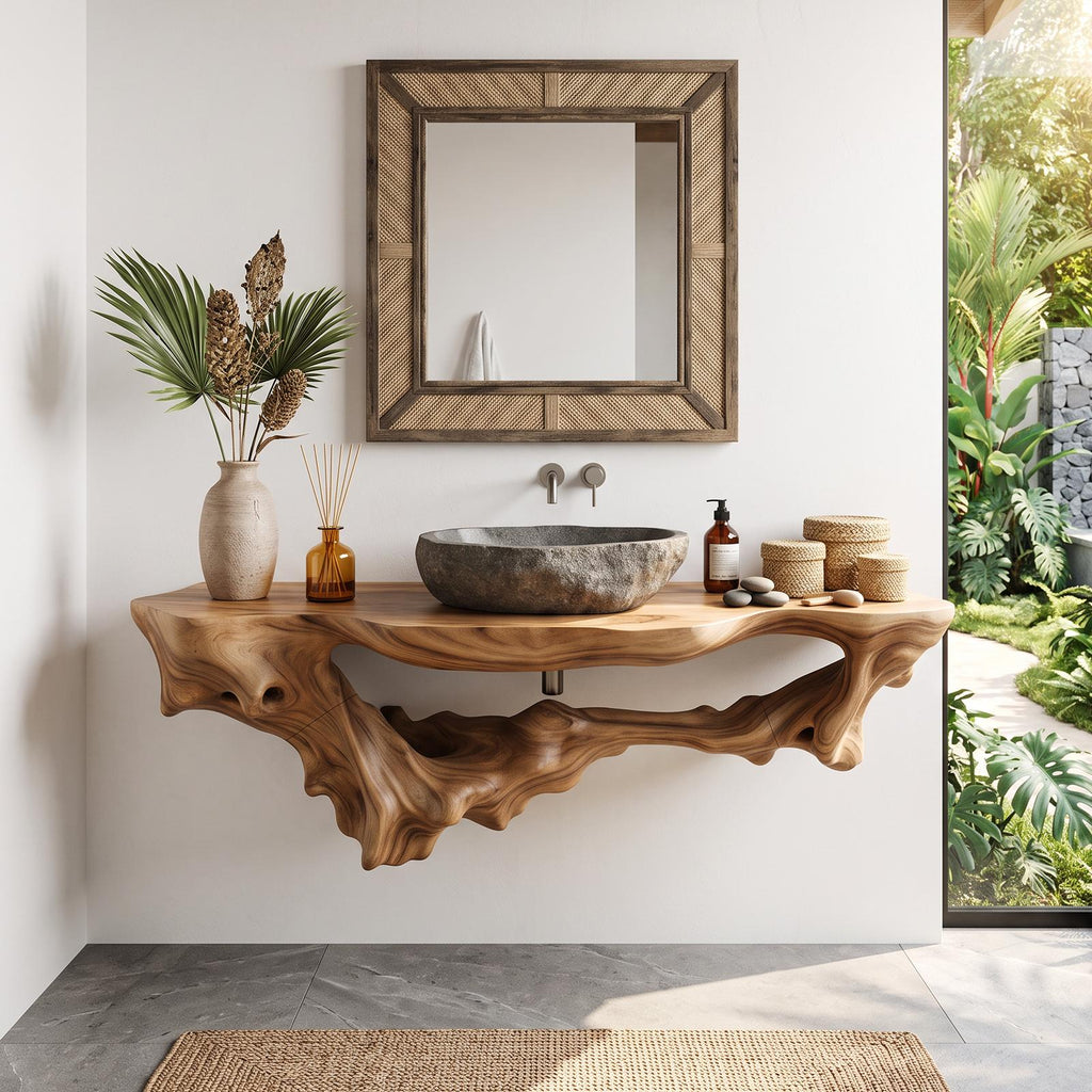 Mid Century Solid Wood Bathroom Shelf, Wall Mounted Floating Storage Cabinet & Organizer Rack Decor