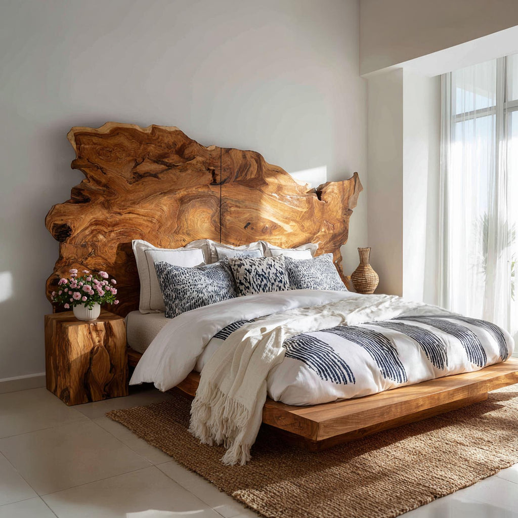 Organic Natural Live Edge Wood Headboard, Handcrafted Teak Wooden Headboard Panel for Minimalist Japandi Bedroom Decor