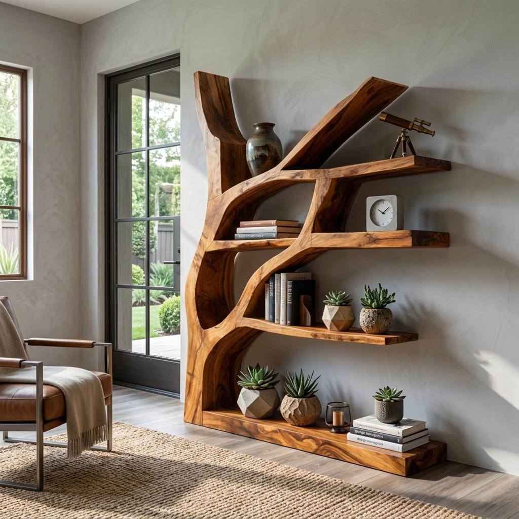 Contemporary Wooden Bookshelf with Sculptural Shape, Handcrafted Solid Wood Bookcase for Living Room & Library