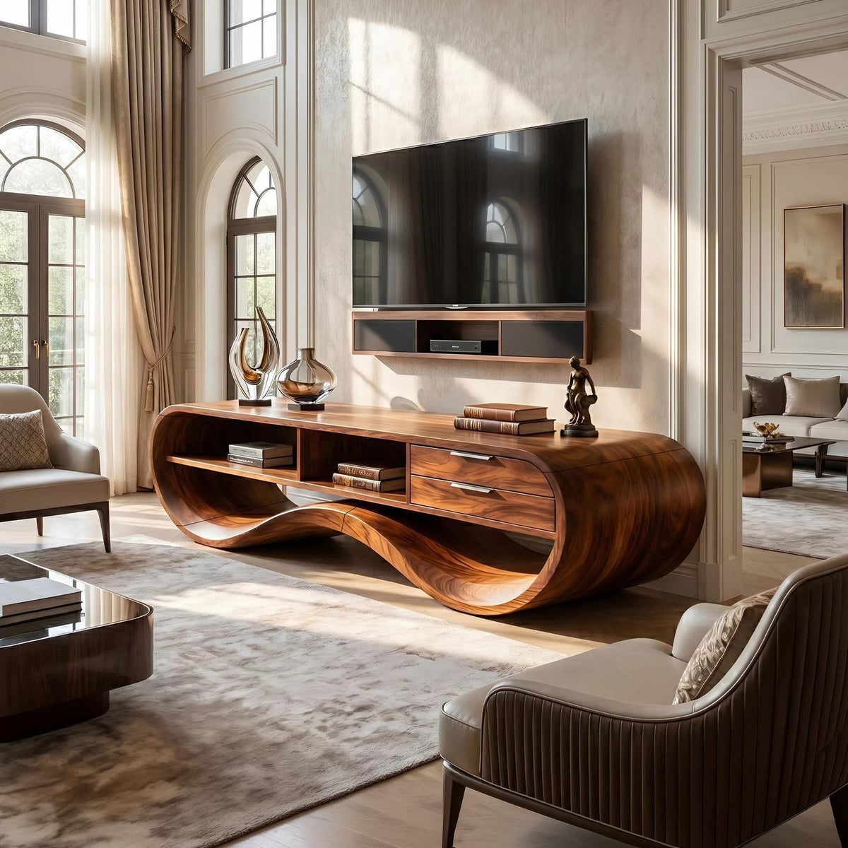 Modern Streamline Wood TV Cabinet, minimalist Media Console Credenza & Entertainment Center for Living Room