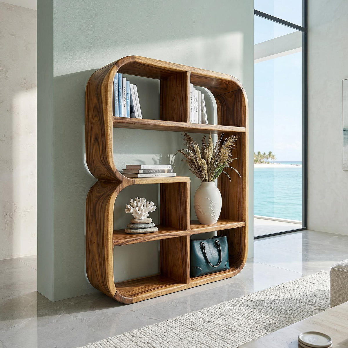 Modern Curved Wooden Bookshelf In Coastal Style