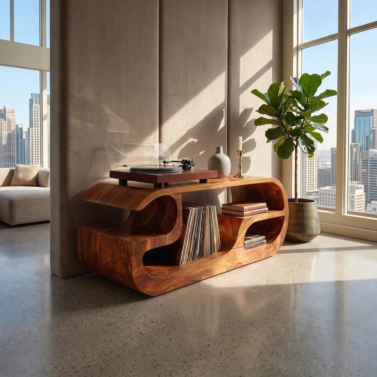 Minimalist Curved Wooden Record Player Stand, Handcrafted Small Space Vinyl LP Storage Cabinet, Model