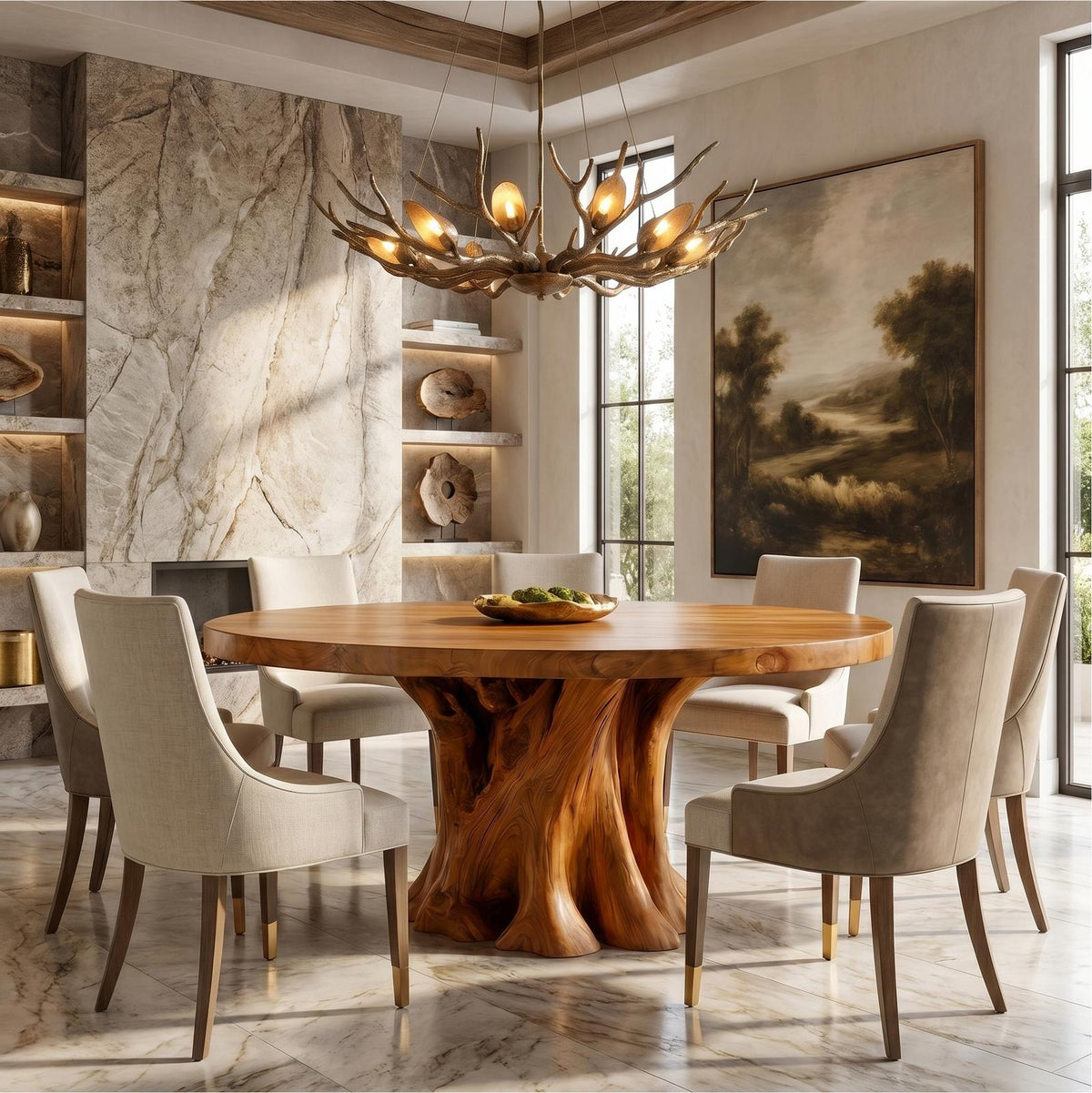 Rustic Round Dining Table With Solid Wood Sculptural Base For Dining Room
