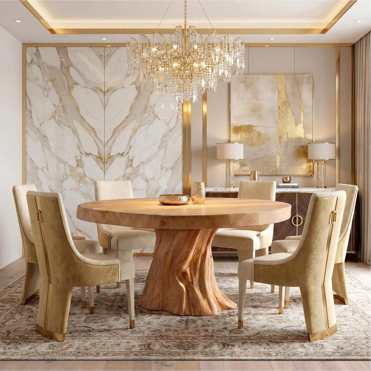 Spry Interior Rustic Modern Round Dining Table, Sculptural Solid Wood Base Kitchen & Dining Room Statement Table, SINLSADT179