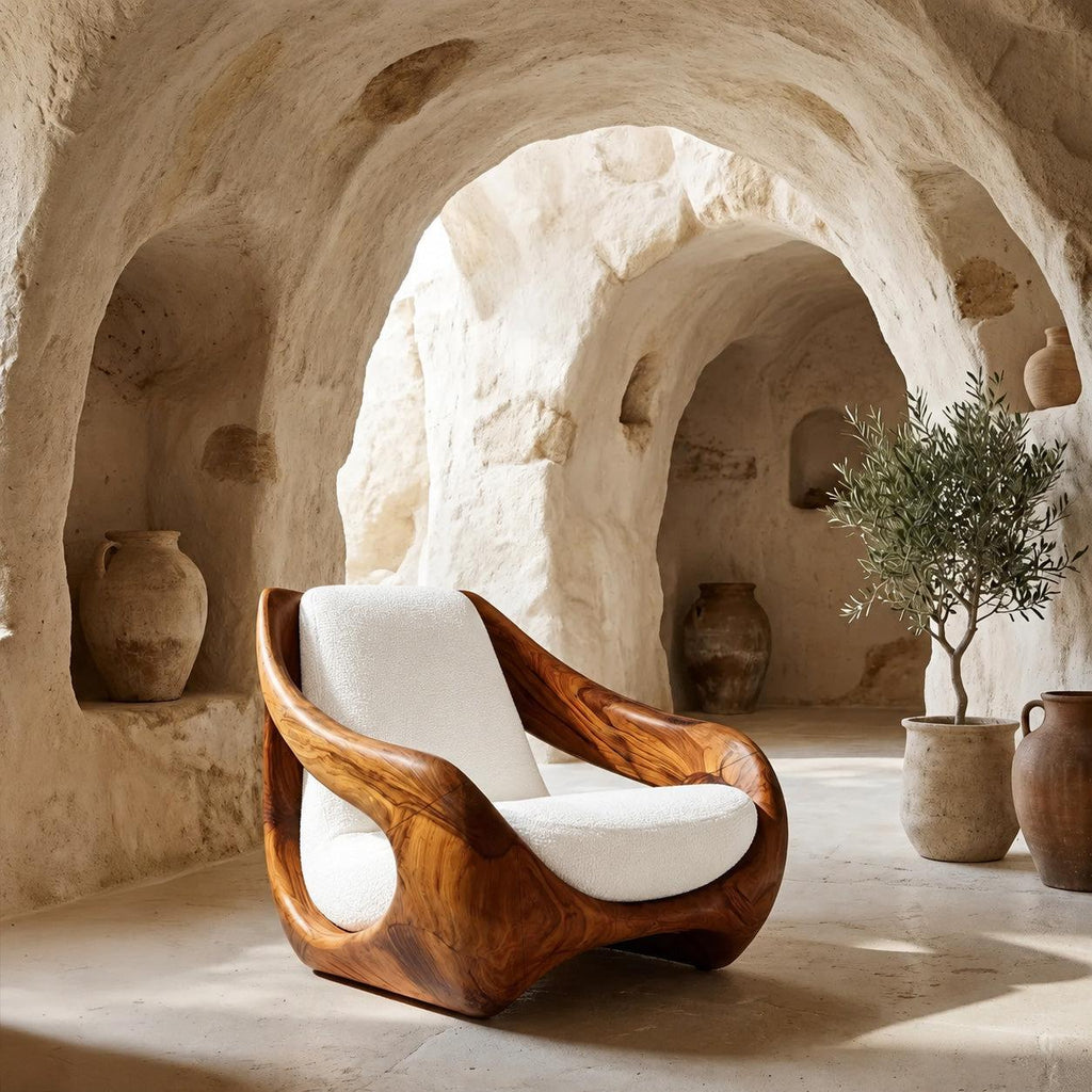 Sculptural Natural Wood Accent Chair, Artistic Handcrafted Solid Wood Lounge Armchair for Living Room