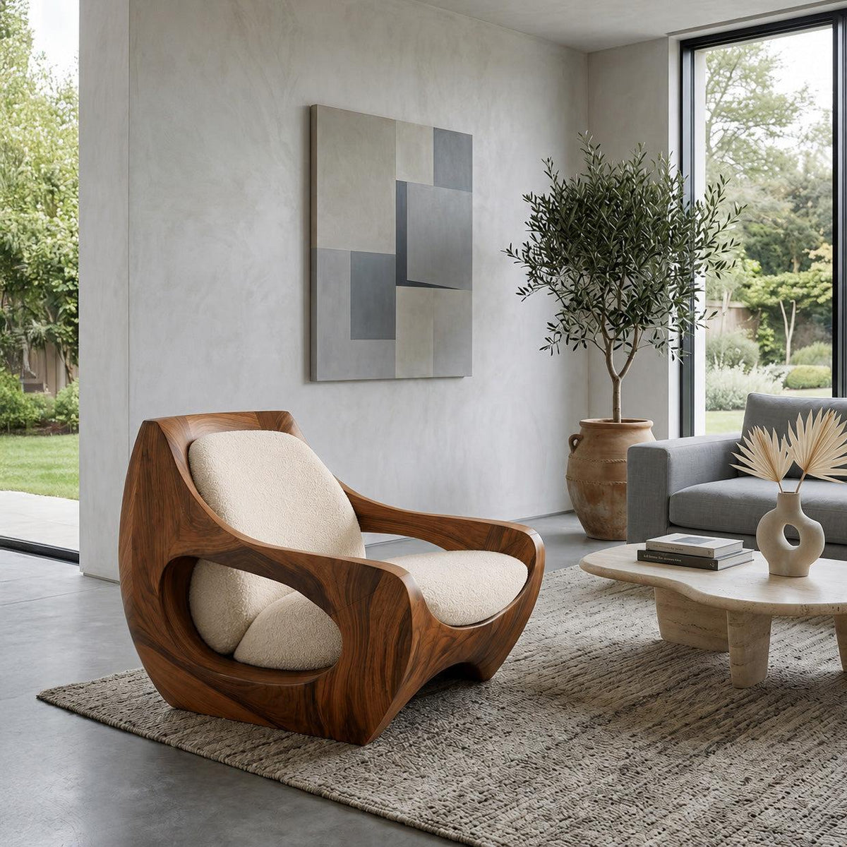 Spry Interior Sculptural Natural Wood Chair, Unique Modern Art Solid Wood Accent Lounge Chair for Living Room Decor, Model RTTHHNCHR151