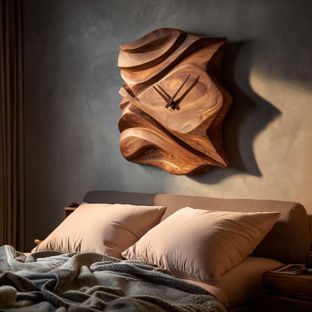 Contemporary Wooden Wall Clock, Hand-Carved Abstract Wave Wood Accent Clock for Bedroom & Living Room Decor