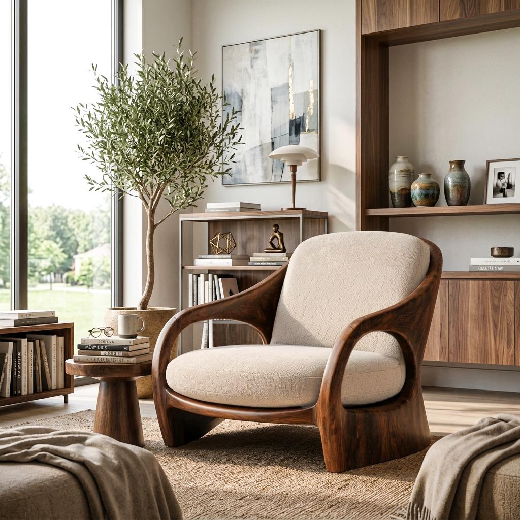Spry Interior Modern Sculptural Wooden Lounge Chair, Unique Accent Armchair for Living Room or Reading Corner, Model SITHTTCHR042
