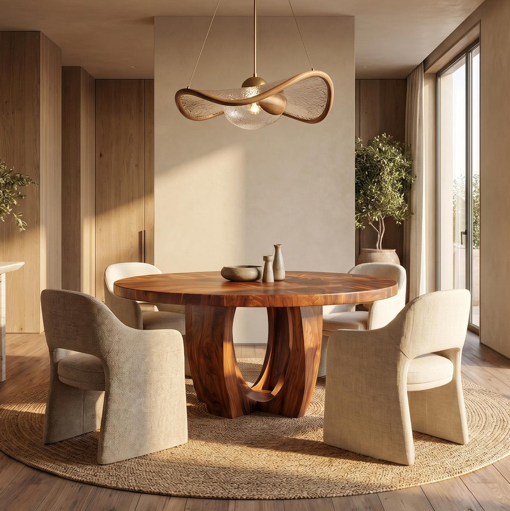 Modern Round Dining Table with Sculptural Wood Base, Handcrafted Solid Wood Kitchen Dining Room Table