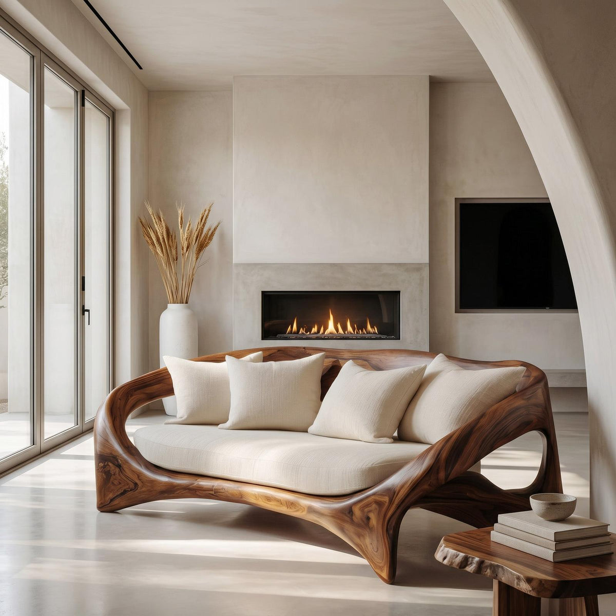 Organic Sculptural Sofa, Contemporary Solid Wood Settee, Modern Designer Couch for Living Room Lounge Space