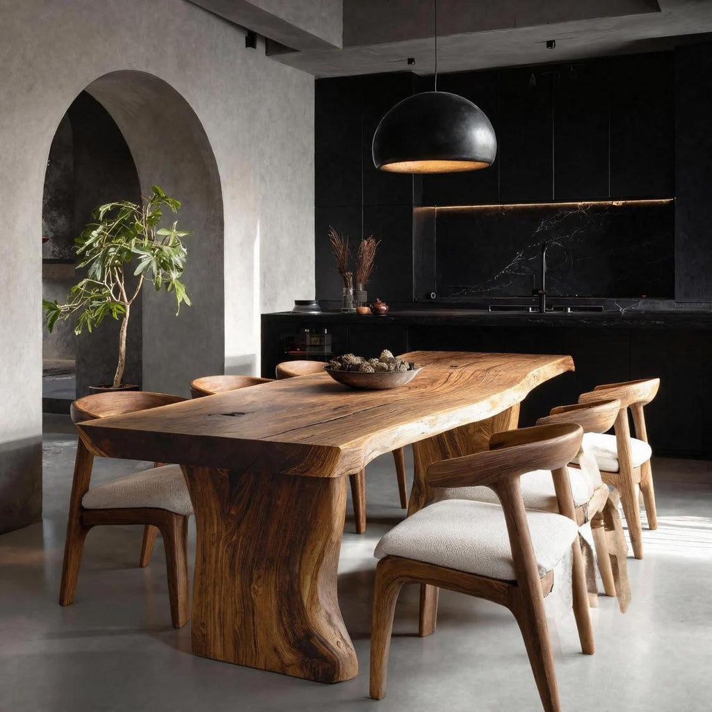 Spry Interior Wabi Sabi Handcrafted Dining Table, Solid Wood Kitchen Dining Table for Rustic Minimalist Dining Room, Model RTTHHNDN039