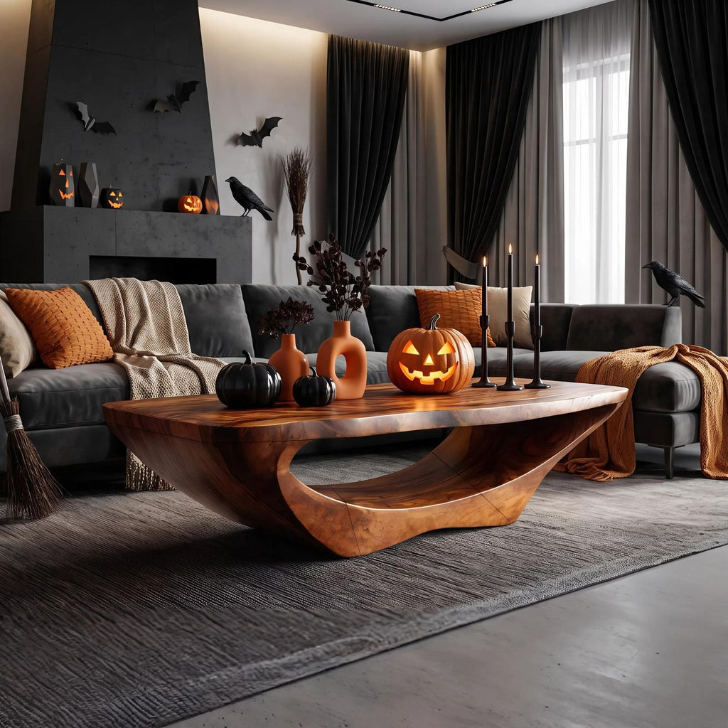 Farmhouse Live Edge Coffee Table, Rustic Wood Accent Table for Spooky Halloween & Entryway Decor