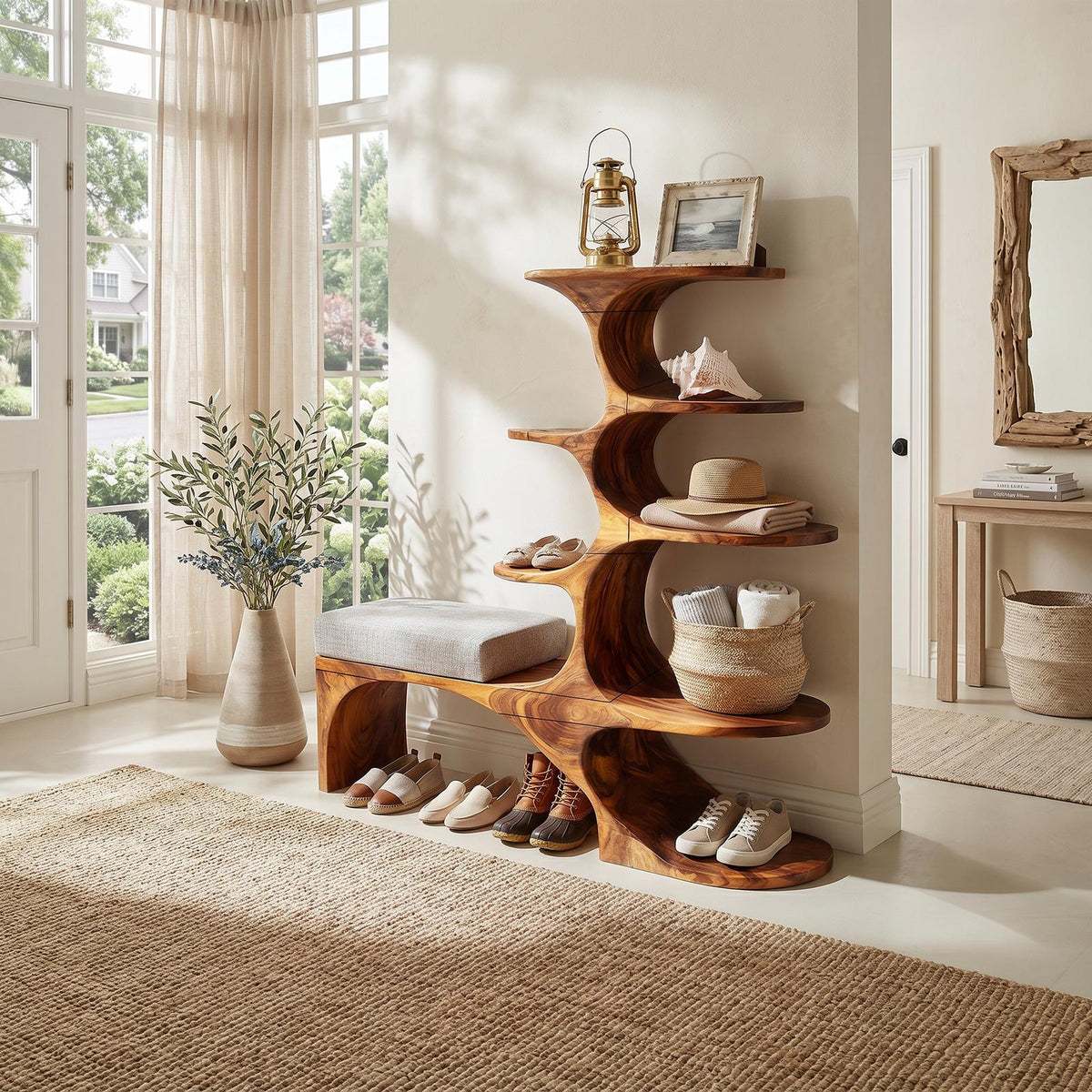 Modern Shoe Rack Bench, Wooden Entryway Bench Storage Seat Organizer for Living Room Corner