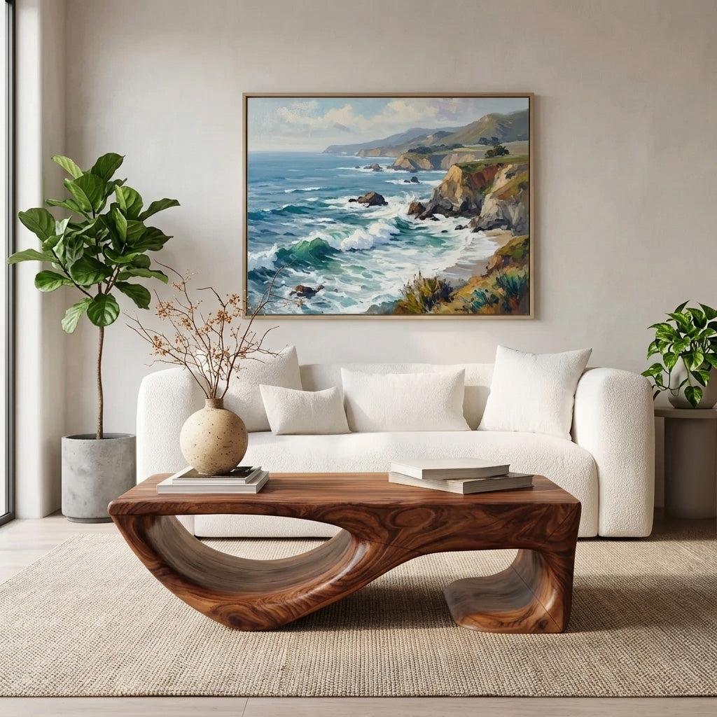 Spry Interior Minimalist Curved Wooden Coffee Table, Modern Organic Sleek Center Table for Living Room, Model RTTHHNCF047