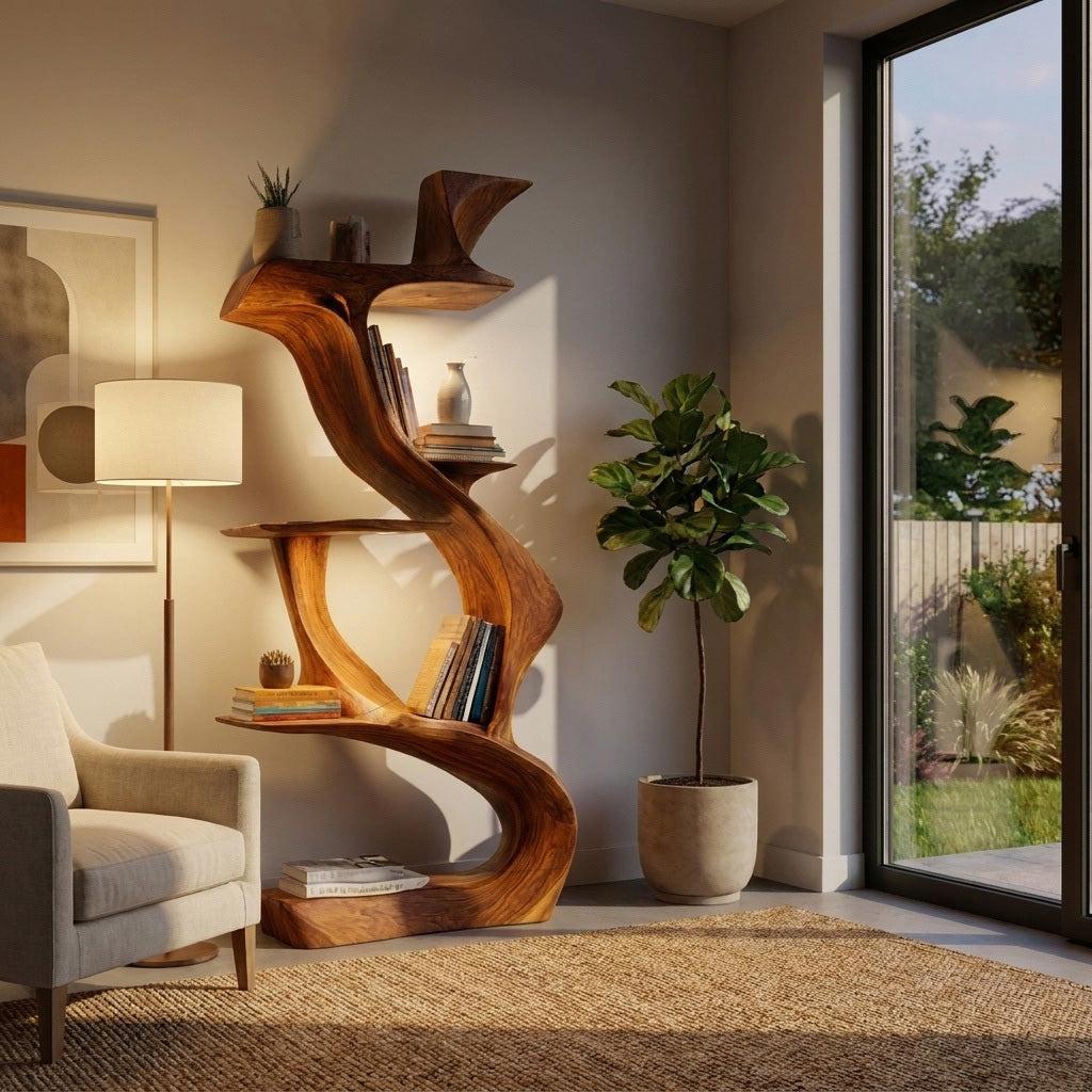 Sculptural Natural Wood Bookshelf, Handcrafted Solid Wood Standing Bookcase for Luxury Living Room & Home Decor