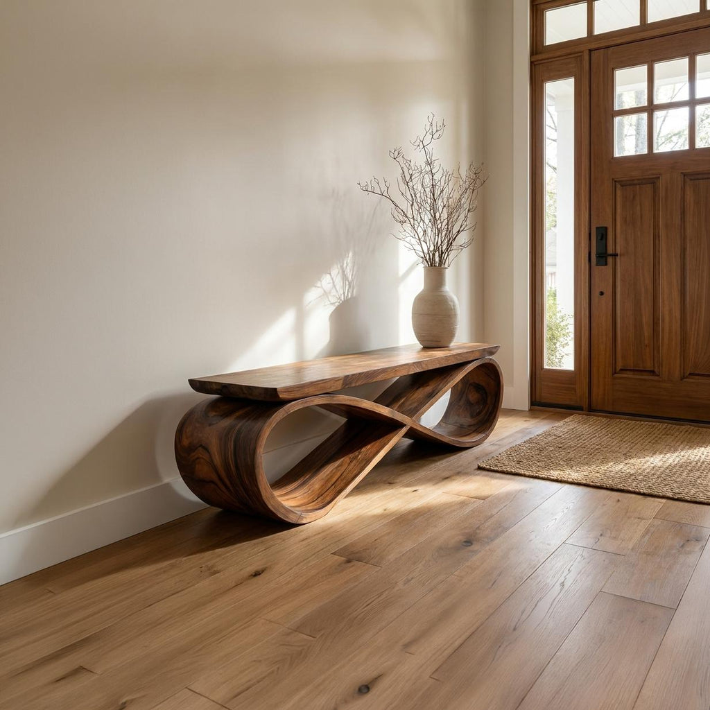 Infinity Loop Sculptural Bench, Contemporary Handcrafted Solid Wood Curved Bench Seat for Entryway & Living Room