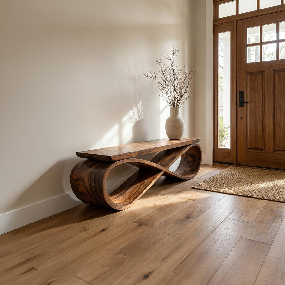 Infinity Loop Sculptural Bench, Contemporary Handcrafted Solid Wood Curved Bench Seat for Entryway & Living Room