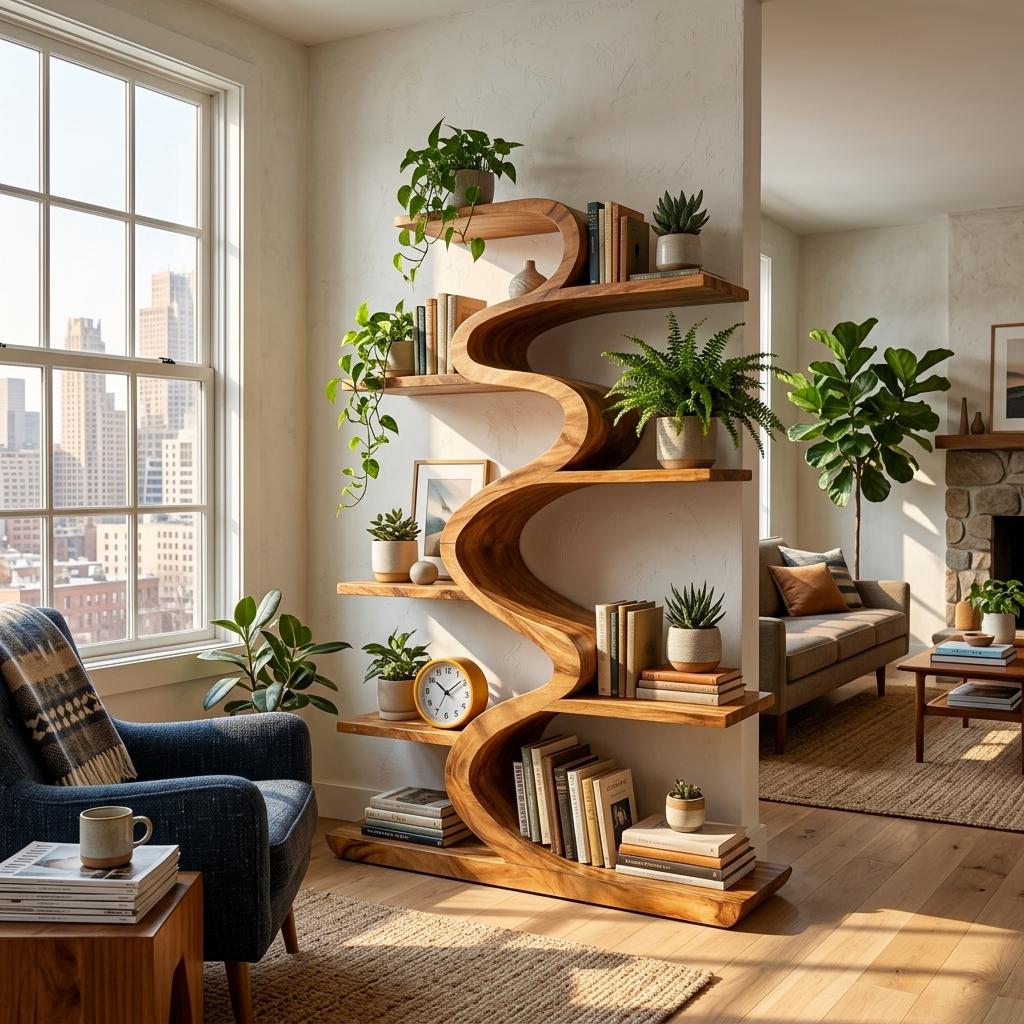 Modern Wooden Bookshelf with Flowing Form, Handcrafted Solid Wood Bookcase for Living Room & Home Library Display