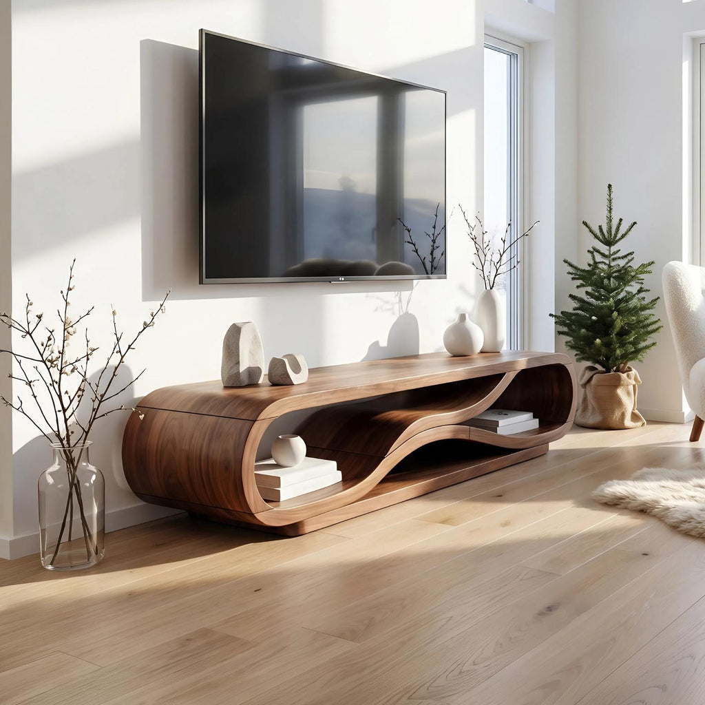 Modern Curved Wood TV Cabinet, Stylish Media Console Shelf & Entertainment Center for Living Room