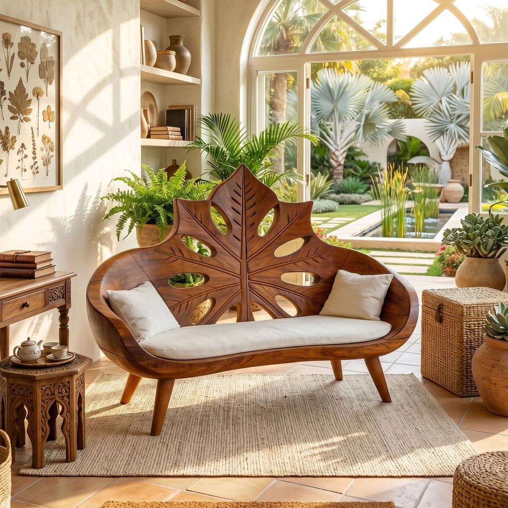 Spry Interior Contemporary Sunburst Leaf Backrest Bench, Solid Wood Indoor Lounge Seat, Entryway & Foyer Accent Bench, SILDTTNBEN006