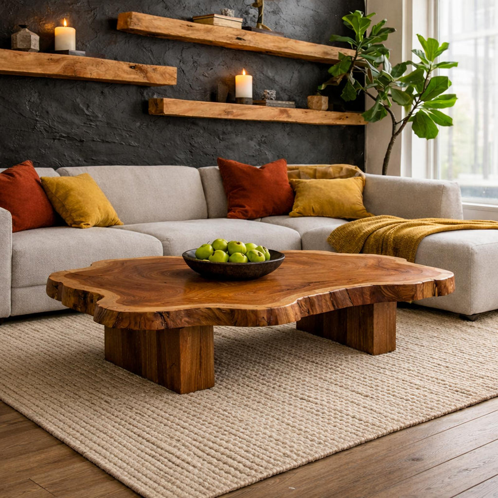 Spry Interior Live Edge Solid Wood Coffee Table, Organic Modern Hardwood Center Table for Rustic Living Room Home Decor, SINLKICF317