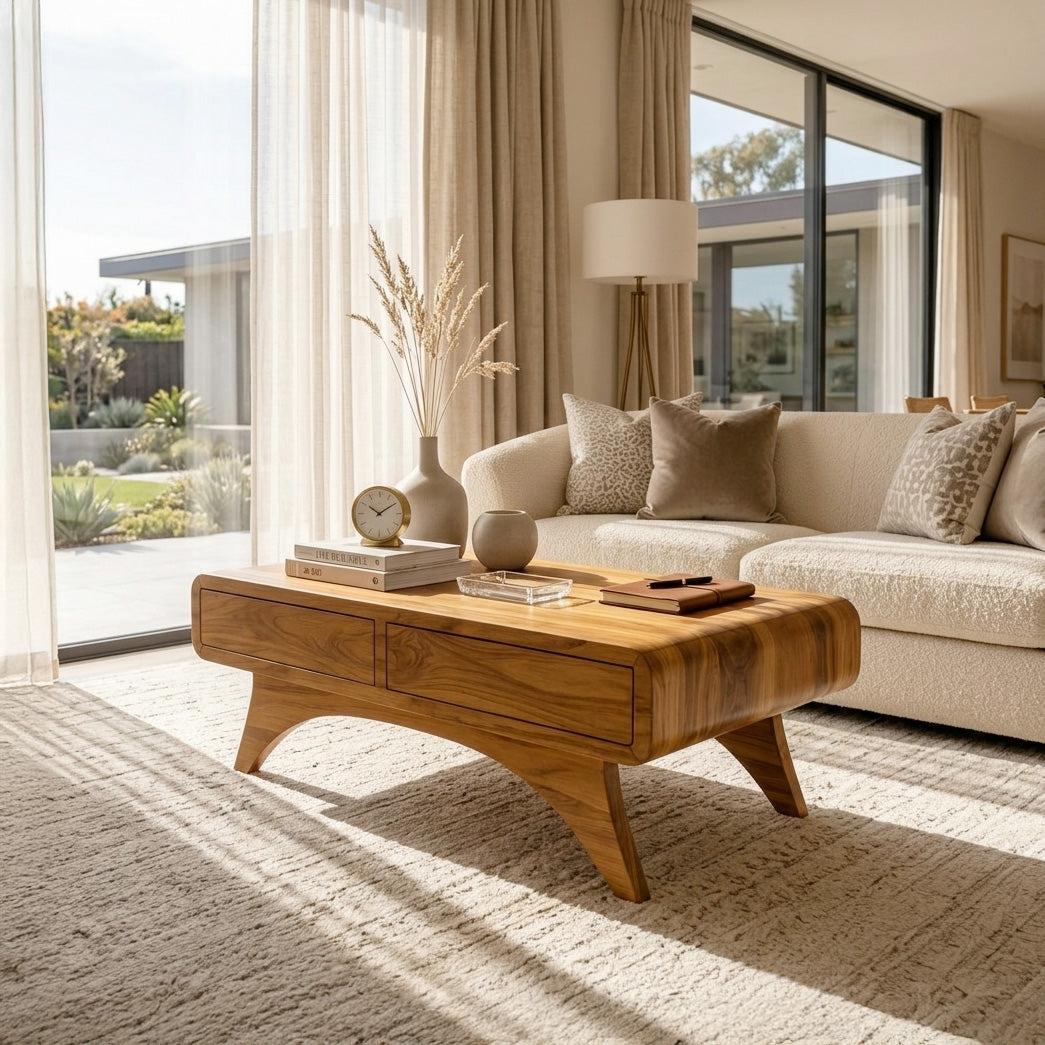 Spry Interior Handcrafted Wooden Coffee Table with Storage Drawers, Solid Wood Mid-Century Center Table, Model SITHHNCF012