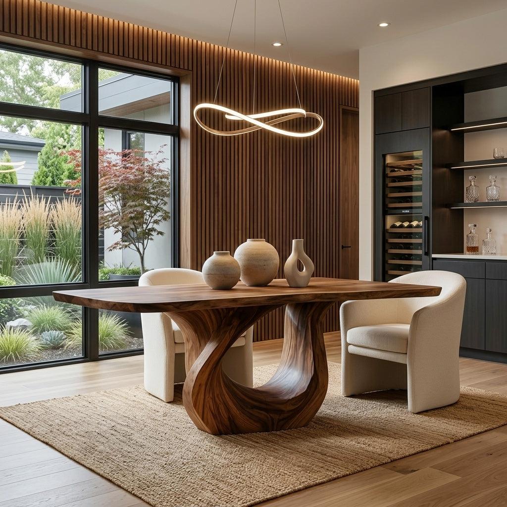 Spry Interior Modern Solid Wood Dining Table with Sculptural Pedestal Base, Large Kitchen & Dining Room Table, Natural Finish, RTTHHNDN046