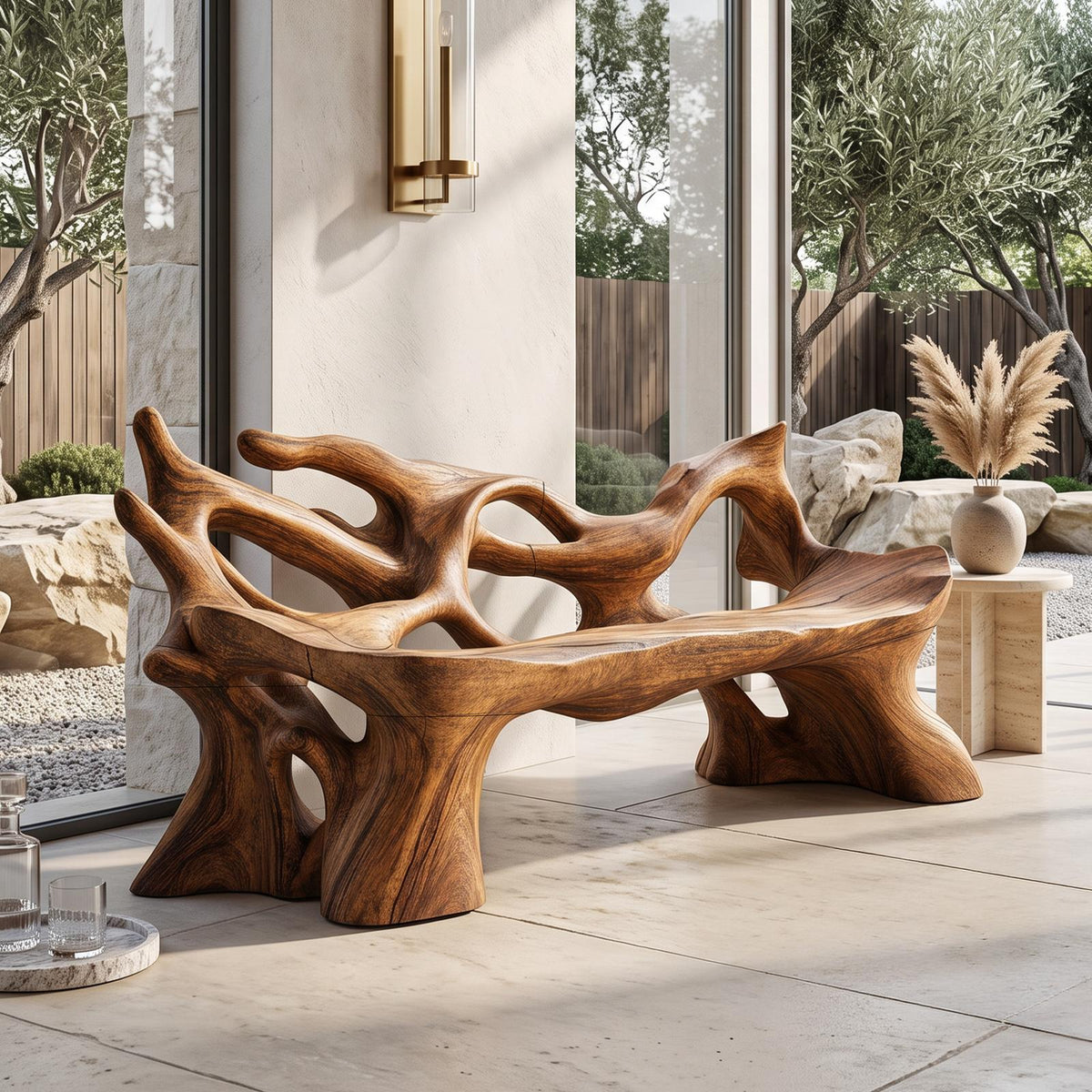 Spry Interior Farmhouse Wooden Bench, Handcrafted Weather-Resistant Solid Wood Outdoor Garden Patio & Courtyard Seating Bench, SILDTTNBRB016