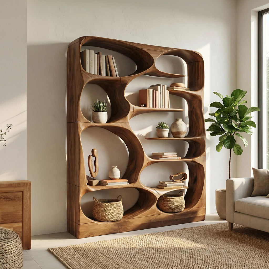 Modern Sculptural Wood Bookshelf, Handcrafted Artistic Storage Organizer Display Case Cabinet for Living Room