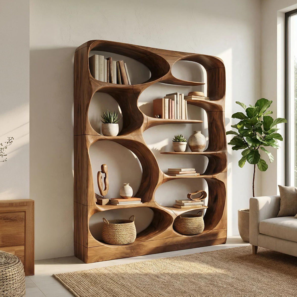 Modern Sculptural Wood Bookshelf, Handcrafted Artistic Storage Organizer Display Case Cabinet for Living Room