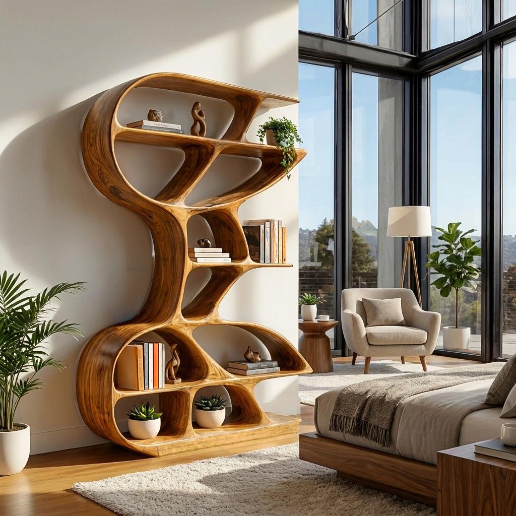 Wooden Bookshelf with Unique Sculptural Design, Handcrafted Solid Wood Bookcase for Modern Living Room & Office