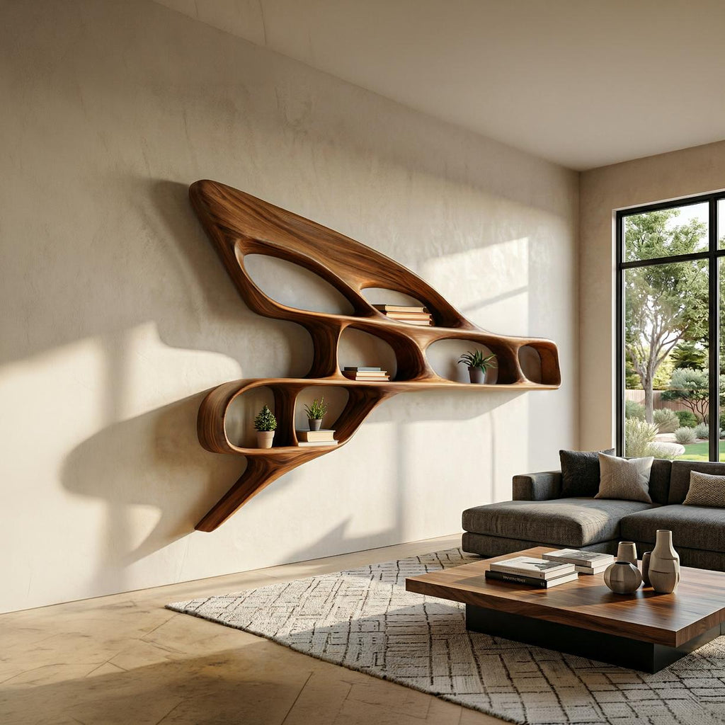 Organic Wooden Wall Bookshelf, Handcrafted Floating Wood Shelf Unit for Luxury Living Room & Office Interior
