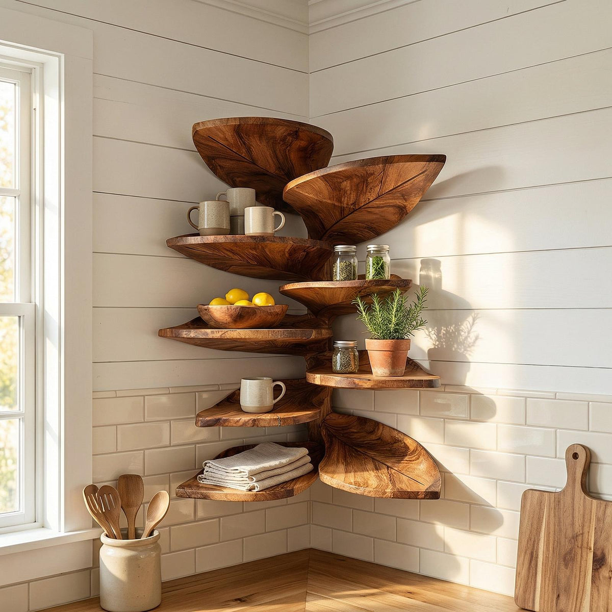 Modern Leaf-Shaped Floating Corner Shelf, Handcrafted Solid Wood Wall Mount Display Rack for Entryway & Bathroom