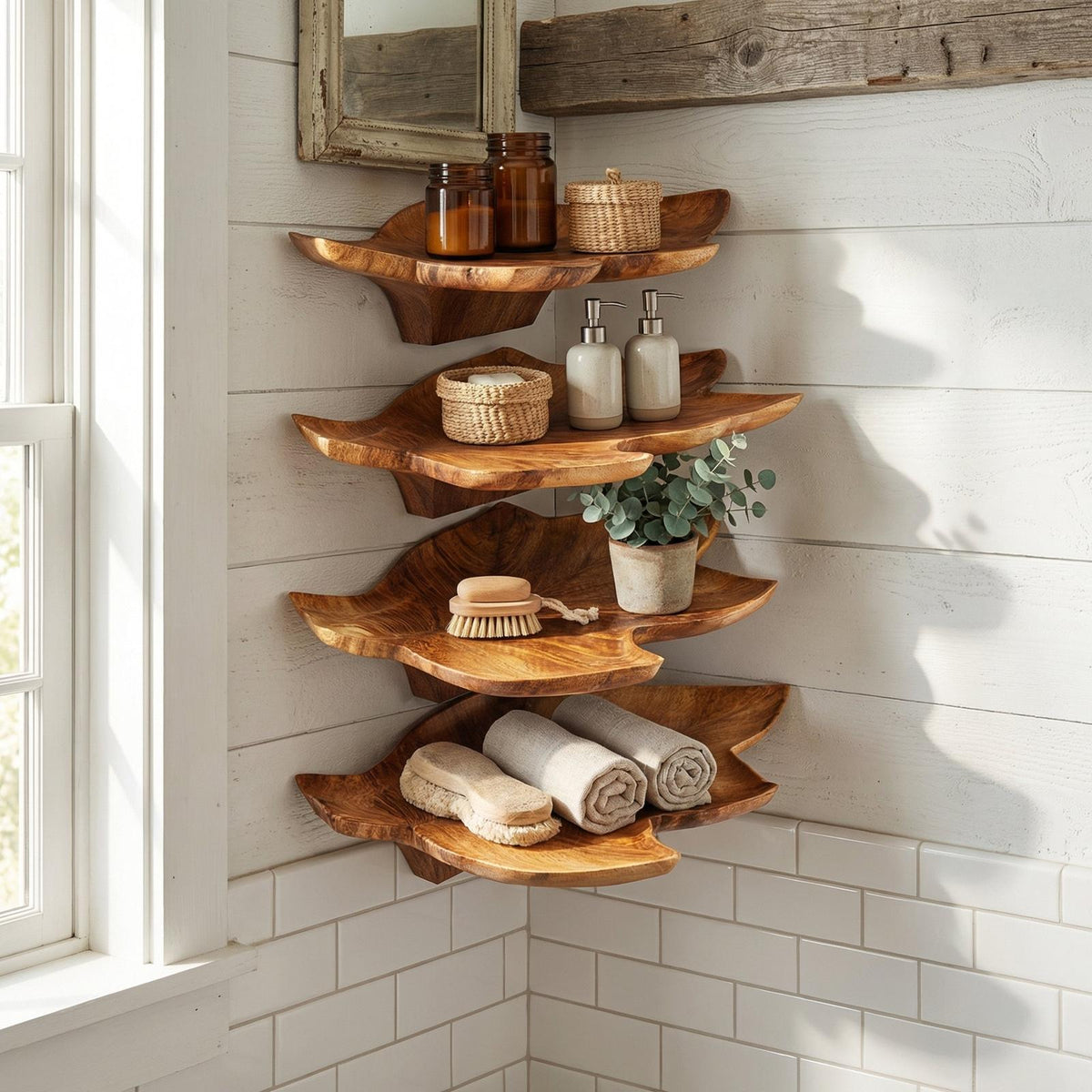 Mid Century Leaf Wall Shelf, Artistic Wooden Plant & Book Display Rack Floating Shelf for Office Home Decor