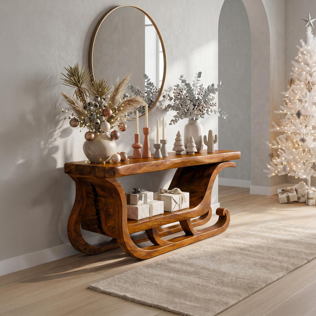 Organic Modern Console Table With Christmas Sleigh Inspired Design For Entryway And Living Room SINLSACS681