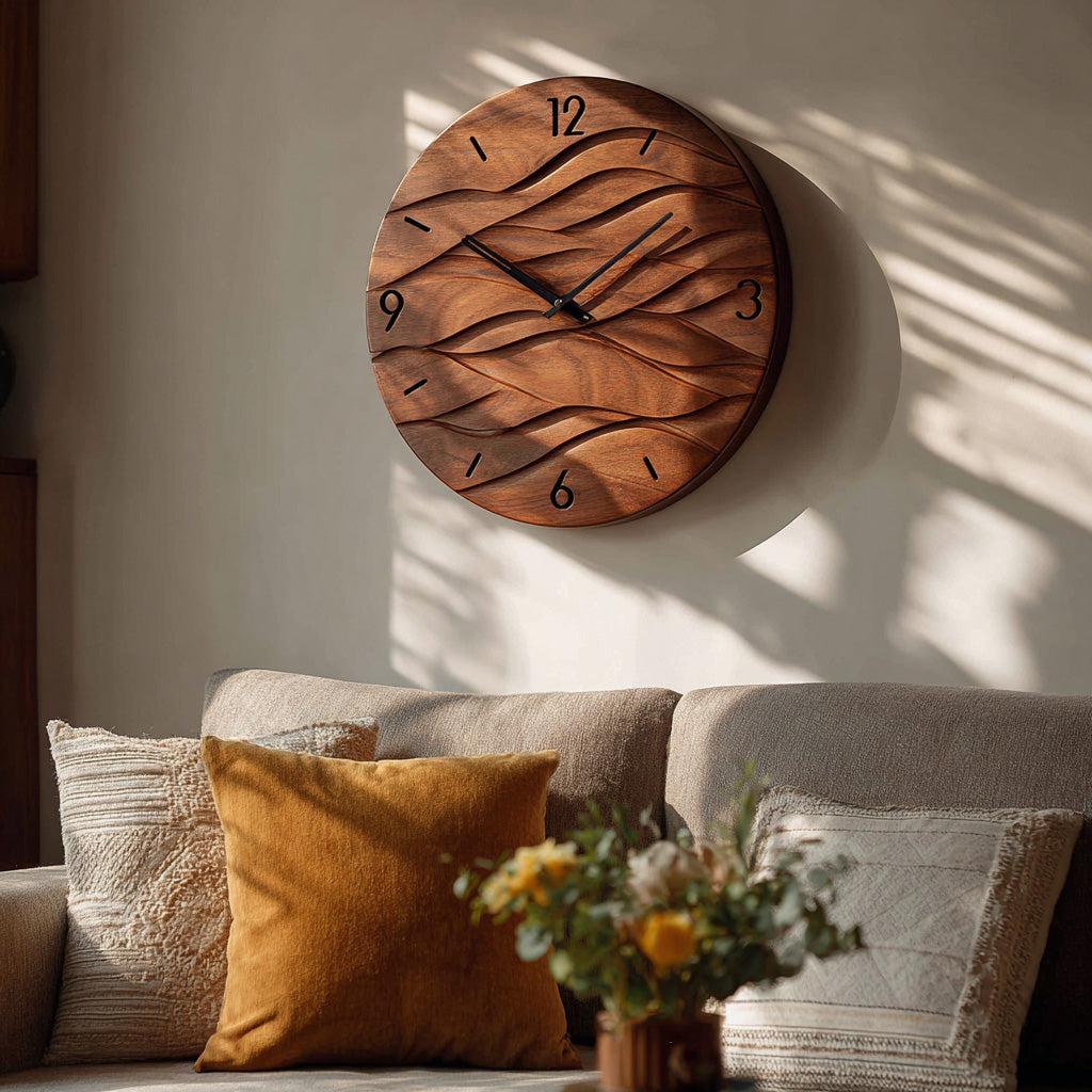 Organic Modern Wood Wave Wall Clock, 3D Hand-Carved Fluid Abstract Clock for Living Room & Bedroom Decor