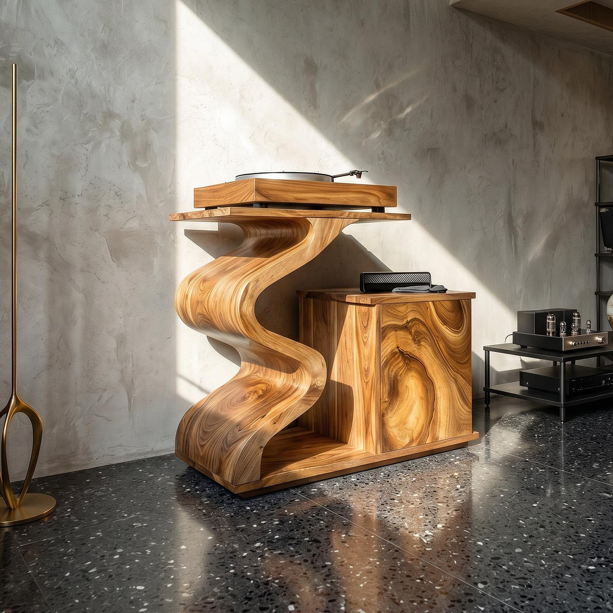 Spry Interior Modern Sculptural Wood Turntable Stand, Handcrafted Unique Geometric Vinyl LP Record Storage Console Table, Model SILDTTRRPT041
