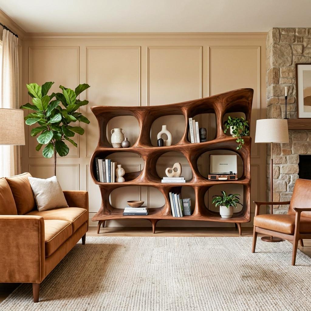 Organic Carved Bookshelf, Handcrafted Solid Wood Standing Bookcase for Living Room Display & Home Office Storage