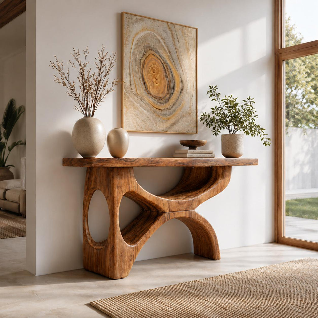 Modern Wooden Console Table With Sculptural Base For Living Decor